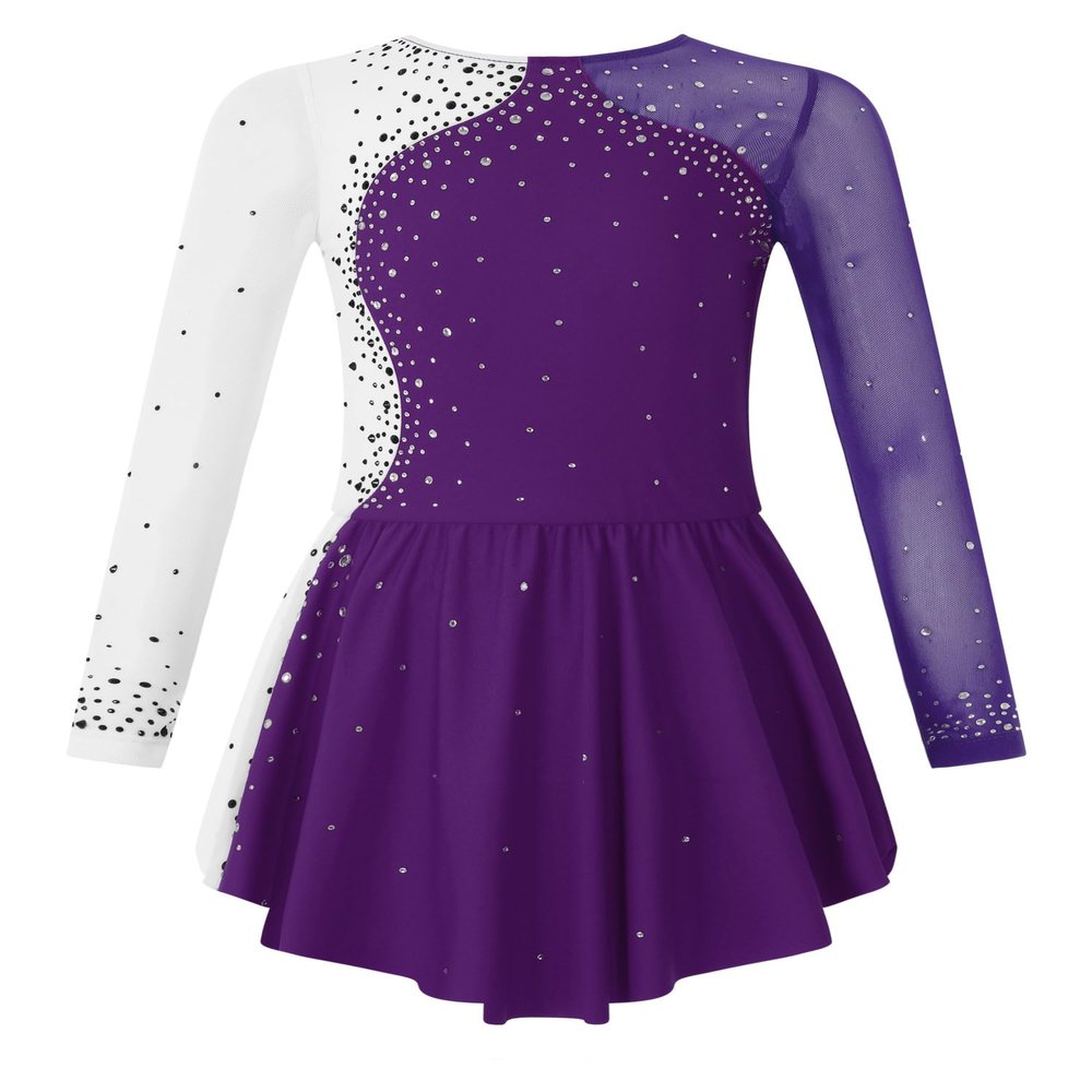 JEATHA Kids Girls Figure Ice Skating Dress Leotard Gymnastics Long Sleeve Color Block Mesh Rhinestones Dance Costume Purple E 8 Years