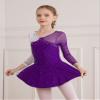 JEATHA Kids Girls Figure Ice Skating Dress Leotard Gymnastics Long Sleeve Color Block Mesh Rhinestones Dance Costume Purple E 8 Years view 4
