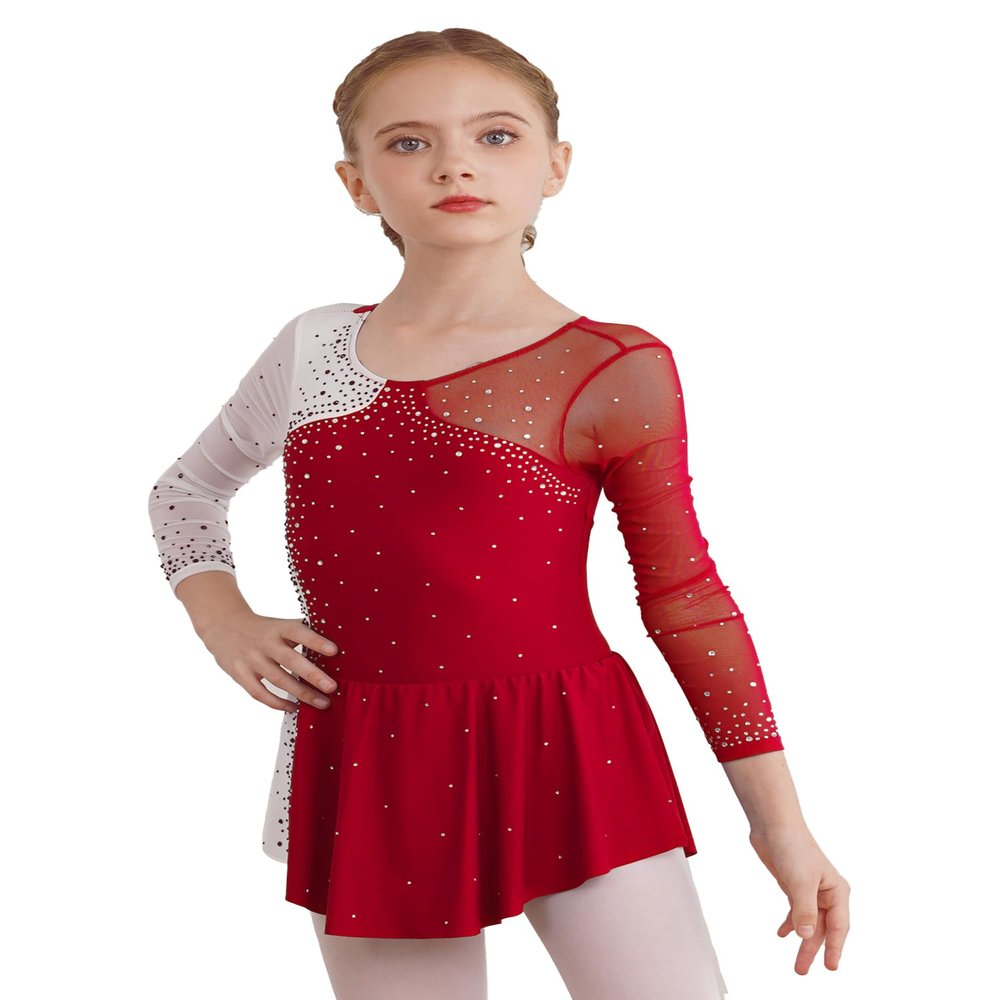 JEATHA Kids Girls Figure Ice Skating Dress Leotard Gymnastics Long Sleeve Color Block Mesh Rhinestones Dance Costume Burgundy E 8 Years
