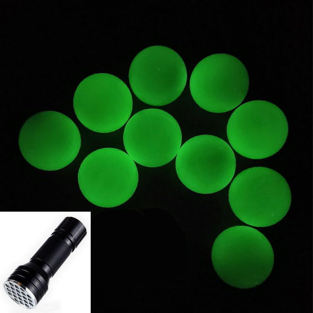 Aolowewin 10x Glow in The Dark Golf Balls, Fluorescent Luminous Balls, Night Practice Golf Ball, Inner no LED, Light Up for 20-30 Minutes, with 1x UV Flashlight (11)