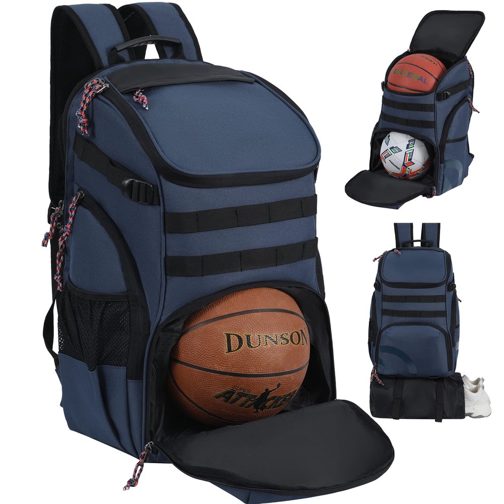TRAILKICKER Basketball Bag Backpack with Ball Holder Multi-Sport Backpack for Soccer Volleyball Football Baseball Helmet (TK2-Navy, Large)