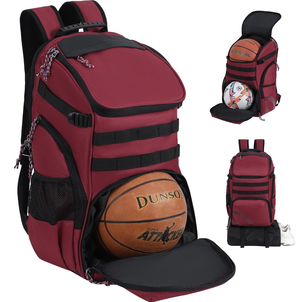 TRAILKICKER Basketball Bag Backpack with Ball Holder Multi-Sport Backpack for Soccer Volleyball Football Baseball Helmet (TK2-Burgundy, Large)