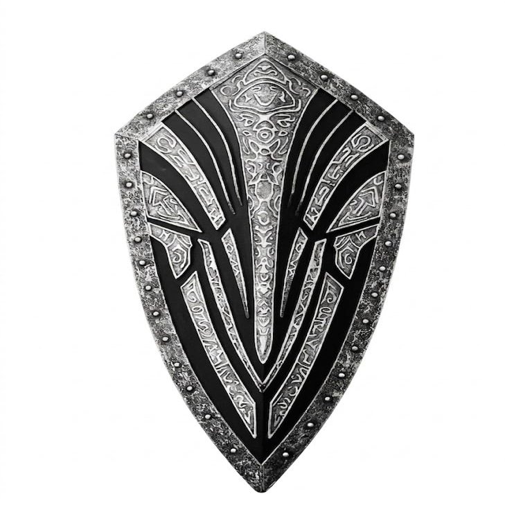28" Medieval Gothic Shield Wall Decor, Knight Armor Style Metal Plaque, Fantasy Warrior Crest Hanging Art, Black and Silver Embossed Design, Home Office Game Room Decoration, Gift for History Lovers