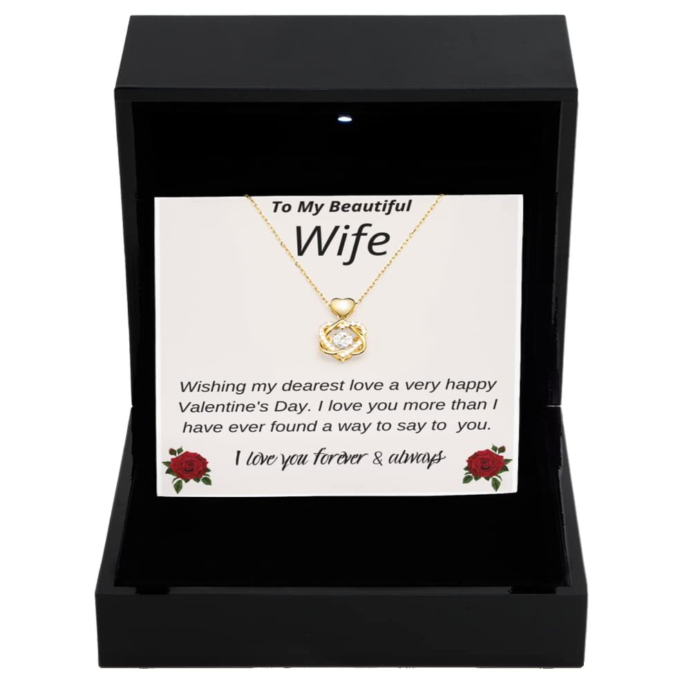 Heart Knot Gold Necklace Luxury Box Valentines Day Gift for Wife, to My Beautiful Wife Necklace for Women, Soulmate Jewelry, to My Wife Necklace Fr