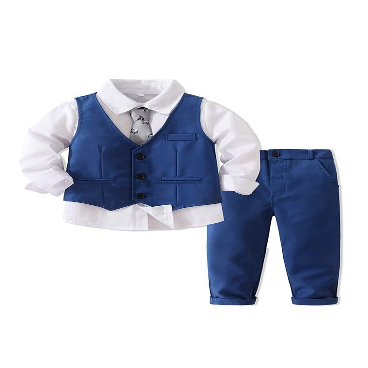 Abolai Baby Boys' 4 Piece Gentleman Set with White Shirt,Tie,Vest and Pant Blue 100