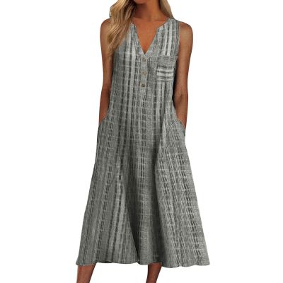 Dresses For Women 2023 Wedding Guest,Short Sleeve Bodycon Dress Birthday Party Dress For Women Sweater Dresses Women Casual Summer Stripe Button V Neck Sleeveless Pocket Holiday (Gray,X-Large)