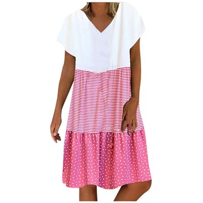 Short Sleeve Maxi Dress for Women,Cocktail Dresses for Women Evening Party Blue Formal Dress Corset Fashion Women Casual Loose Stripe Dot Patchwork V-Neck Short Sleeves Dress (Red,X-Large)