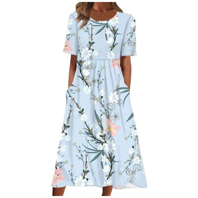 NOKMOPO Easter Dress for Women,Womens Short Sleeve Dress Short Sleeve Button Down Dress Plus Size Dresses for Women Sexy Women's Summer Casual Fashion Printed Short Sleeve 2022 O-Neck (Blue,Large)