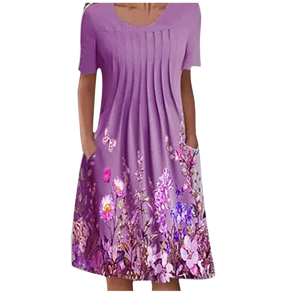Dress for Women 2023,Plus Size Dress Midi Dress Long Dresses Women's Summer Casual Fashion O-Neck Short Sleeve Print Pullover Loose Dress Engagement Photo Dresses(Purple,Medium)