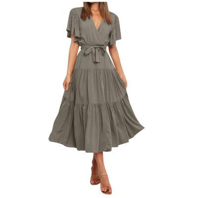 Formal Dresses For Women Evening Party,Prom Dresses For Women Plus Size Dresses For Wedding Guest Say To The Dress Women's Summer Casual V-Neck Solid Color Short Sleeve Neck Waist (Gray,Large)