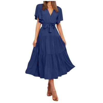 Floral Dress for Women,Cocktail Dresses for Women Evening Party Light Pink Dress for Women Floral Dresses 2023 Women's Summer Casual V-Neck Solid Color Short Sleeve Neck Waist (Blue,Small)