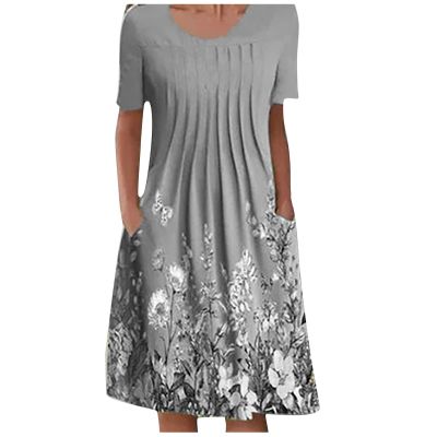 NOKMOPO Maxi Dress for Women Plus Size,Cocktail Dresses for Women Evening Party Plus Size Short Sleeve Dress Dark Red Women's Summer Casual Fashion O-Neck Short Sleeve Print Pullover (Gray,Medium)