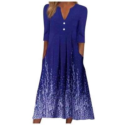 Midi Dresses for Women,Short Sleeve Bodycon Dress Short Sleeve Dressy Tops for Women Sweatshirt Dress Women's Summer Casual Fashion V-Neck Mid-Sleeve Print Button Loose Dress (Royal Blue,5X-Large)