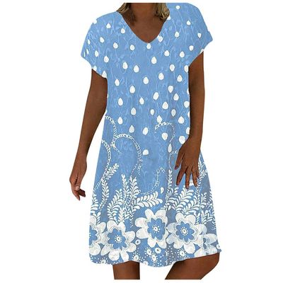 Sexy Dresses for Women,Black Dress Short Sleeve Plus Size Black Dress for Women Summer Dresses Fashion Women Casual Loose Dot Floral Print Patchwork V-Neck Short Sleeves Dress (Sky Blue,Small)