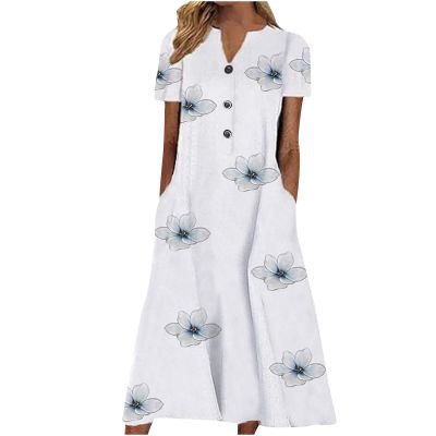Plus Size Dress for Women,Short Dresses for Women Formal Holiday Party Dresses for Women Long Dress Short Sleeve Women's Dress Button Floral Pocket Short Sleeve V Neck Casual (White,XX-Large)