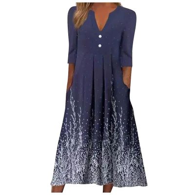Summer Dress For Women,Sparkly Dresses For Women Cut Out Dress For Women Long Formal Women's Summer Casual Fashion V-Neck Mid-Sleeve Print Button Loose Dress Wedding Guest Maternity (Navy,4X-Large)