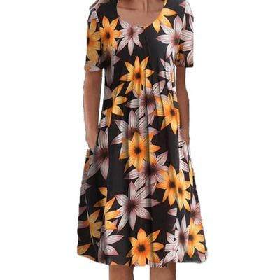 Wedding Guest Dresses for Women,Long Maxi Dress Gold Dresses for Women Bridesmaid Dress Women's Summer Casual Fashion O-Neck Short Sleeve Print Pullover Loose Dress Lace Wedding (Yellow,XX-Large)