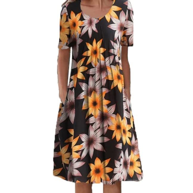 Wedding Guest Dresses for Women,Long Maxi Dress Gold Dresses for Women Bridesmaid Dress Women's Summer Casual Fashion O-Neck Short Sleeve Print Pullover Loose Dress Lace Wedding (Yellow,XX-Large)