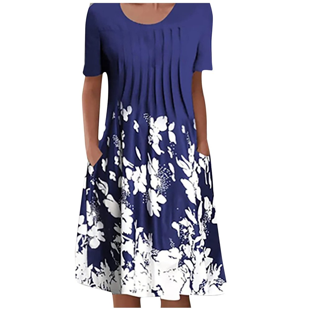 Wedding Dresses For Women,Cocktail Dresses For Women Evening Party White Slip Dress Spring Dresses Plus Size Women's Summer Casual Fashion O-Neck Short Sleeve Print Pullover Loose (Dark Blue,Small)