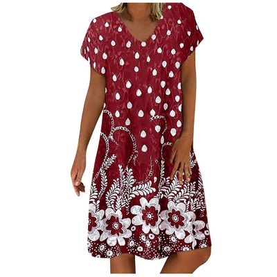 Womens Summer Dresses,Dress Plus Size Blue Dresses for Women Hot Pink Dress Fashion Women Casual Loose Dot Floral Print Patchwork V-Neck Short Sleeves Dress Formal Dresses for (Red,Small)