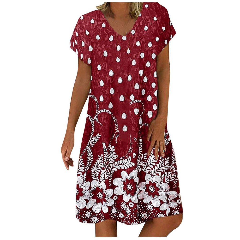 Womens Summer Dresses,Dress Plus Size Blue Dresses for Women Hot Pink Dress Fashion Women Casual Loose Dot Floral Print Patchwork V-Neck Short Sleeves Dress Formal Dresses for (Red,Small)