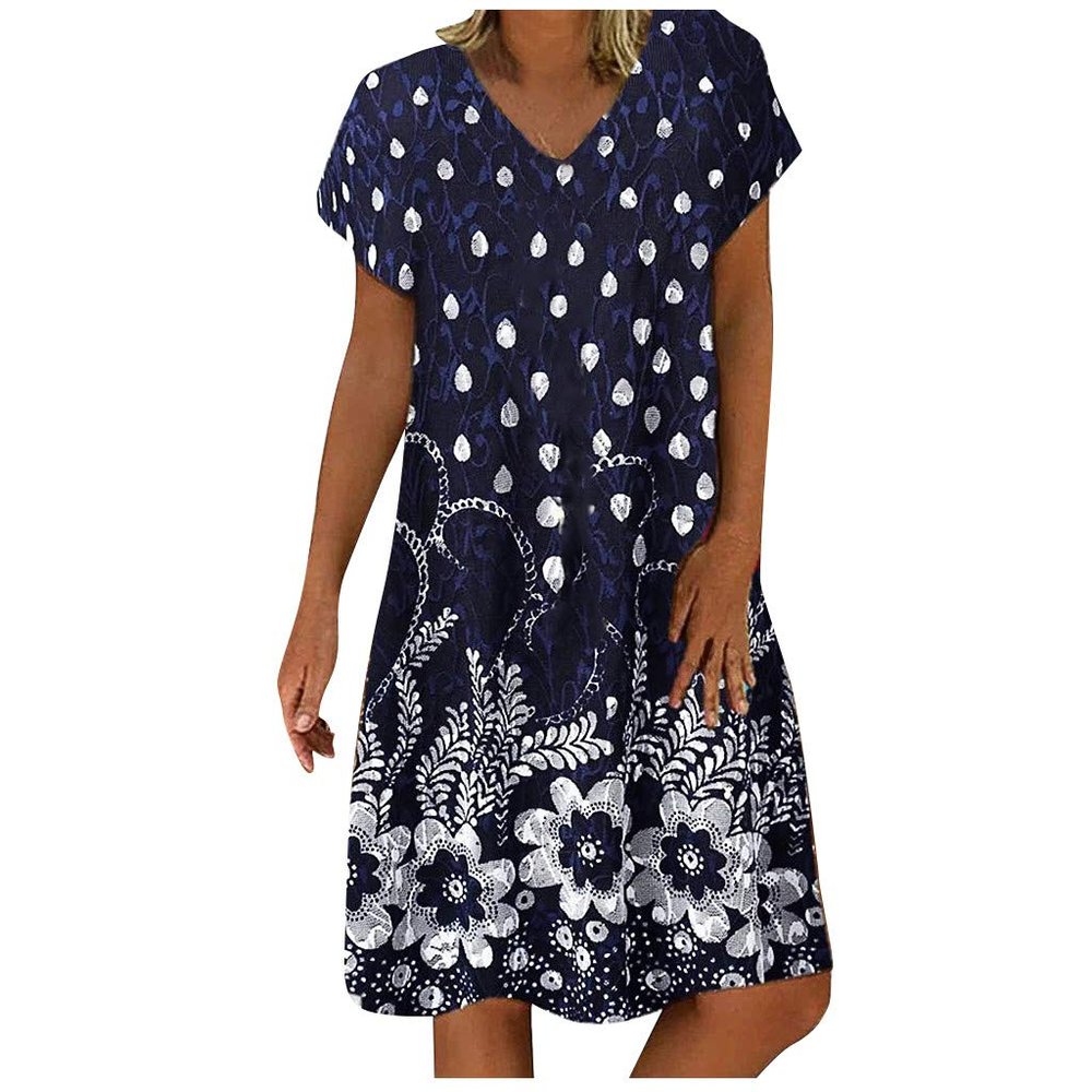 Wedding Guest Dress,Sparkly Dresses for Women White Short Dress Sleeve Shirts for Women Fashion Women Casual Loose Dot Floral Print Patchwork V-Neck Short Sleeves Dress Black (Dark Blue,Small)