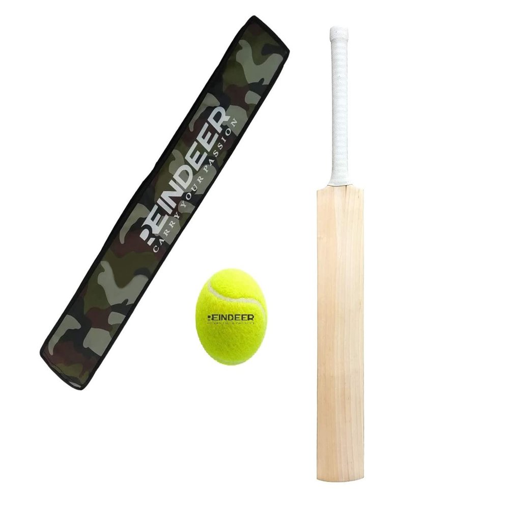 REINDEER Kashmir Willow Cricket Plain Bat Single Blade with Bat Cover & Tennis Ball