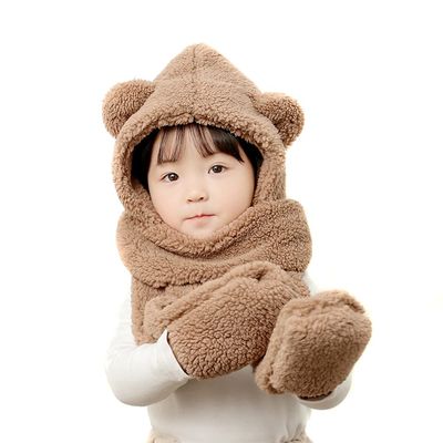 Winter Faux Fur Hood Hat Scarf and Gloves for Kids, 3 in 1 Lamb Wool Hooded Scarf for Girls and Boys 1-7 Years Old