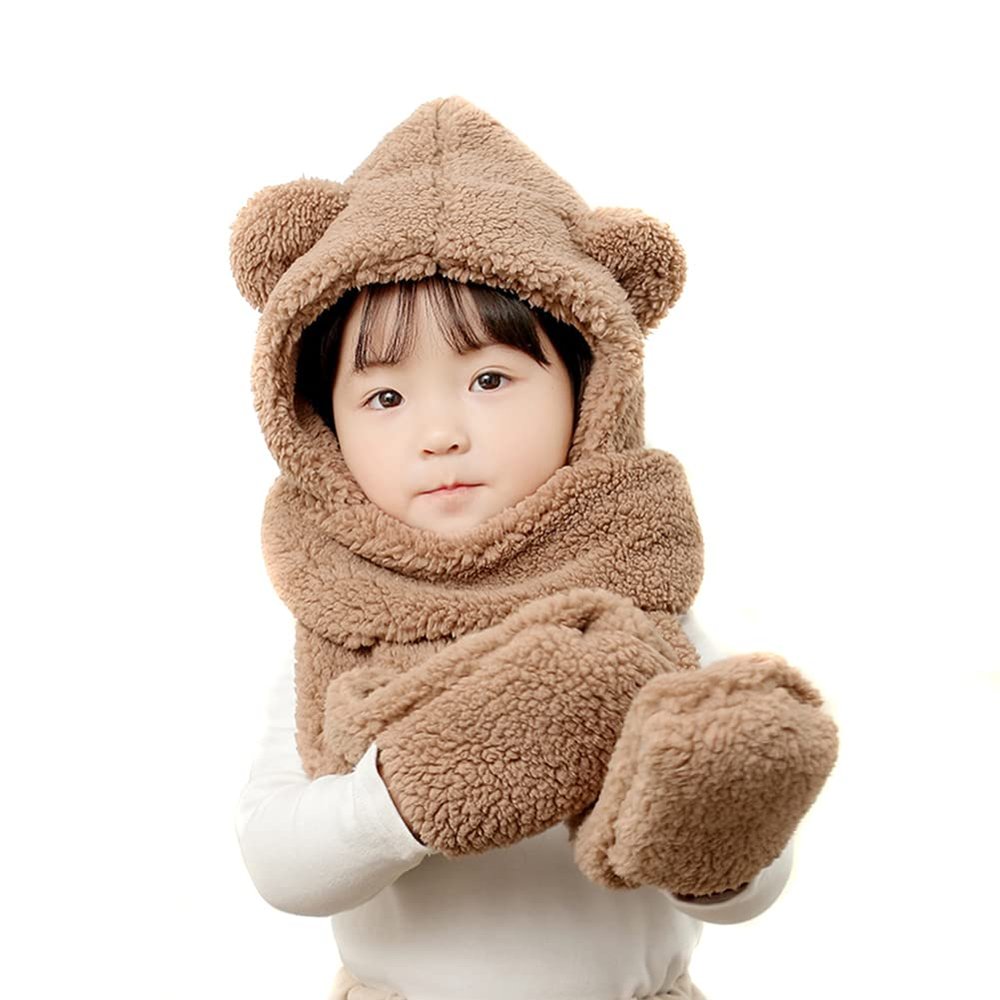 Winter Faux Fur Hood Hat Scarf and Gloves for Kids, 3 in 1 Lamb Wool Hooded Scarf for Girls and Boys 1-7 Years Old
