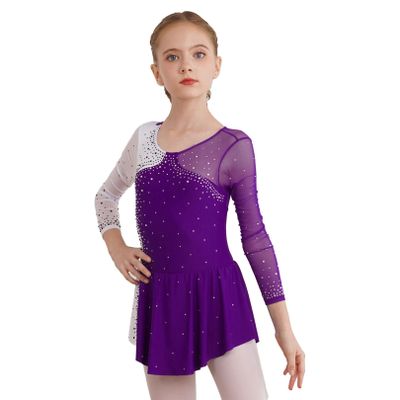FEESHOW Kids Girls Long Sleeve Figure Ice Skating Dress Ballerina Shiny Diamond Ballet Dance Leotards Costume Purple 8 Years
