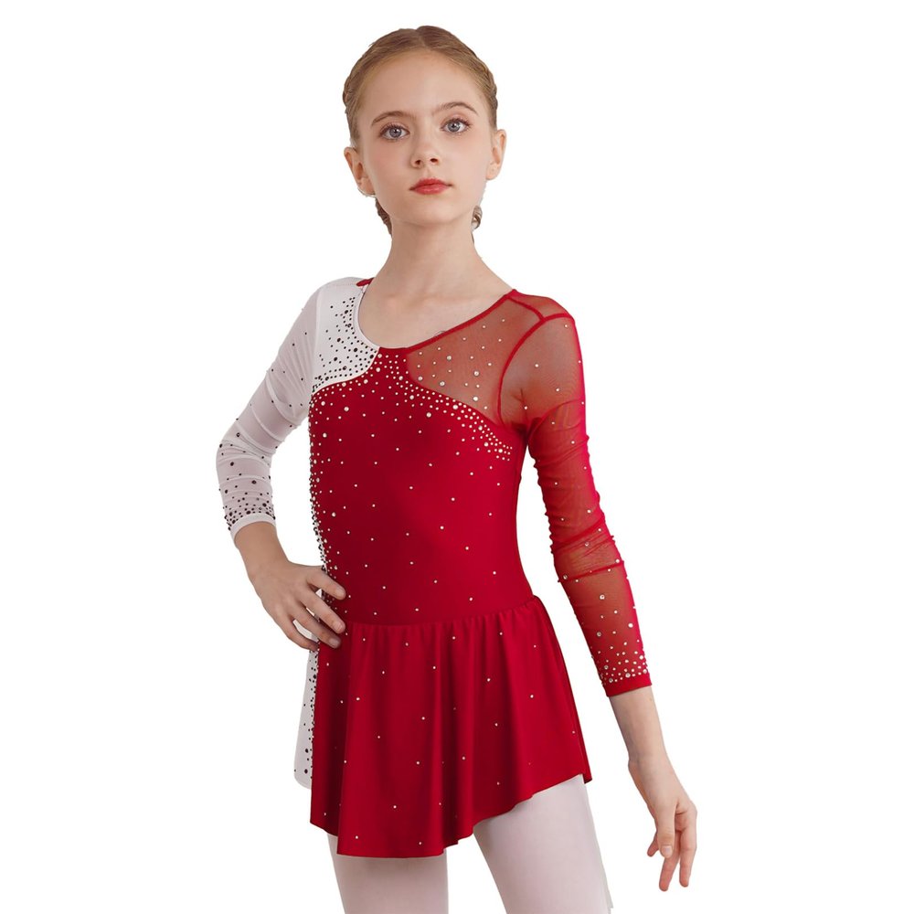 FEESHOW Kids Girls Long Sleeve Figure Ice Skating Dress Ballerina Shiny Diamond Ballet Dance Leotards Costume Burgundy 8 Years