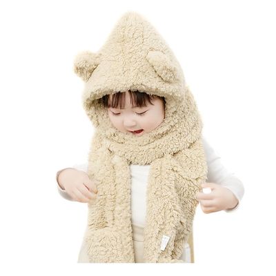 Winter Faux Fur Hood Hat Scarf and Gloves for Kids, 3 in 1 Lamb Wool Hooded Scarf for Girls and Boys 1-7 Years Old