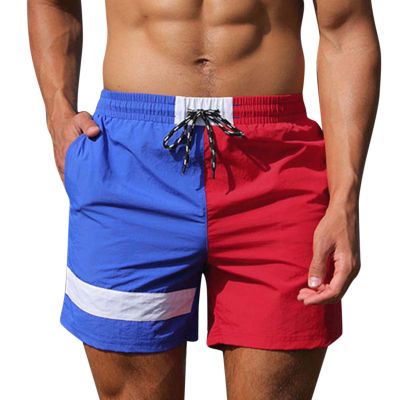 Mens Summer Fashion Swim Trunk Shorts Boys Novetly Patchwork Letter Printed Drawstring Quick Dry Beach Shorts Red