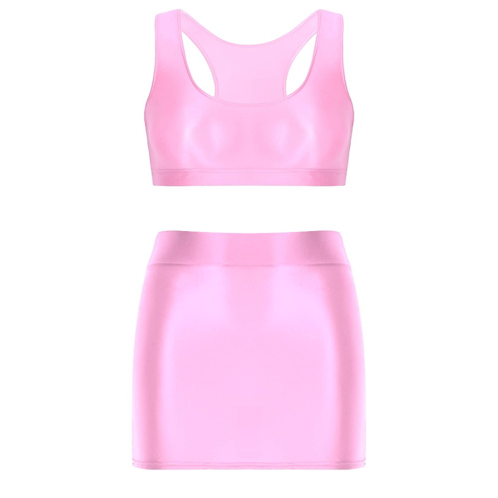 Yihuimin Women Shiny Glossy Pencil Skirts Sets with Sports Crop Top Activewear Musical Party Clubwear Pink Large