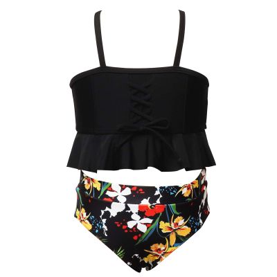 Two Piece Matching Clothing Swimsuit and Swimsuit Print Girls Swimwear Tops Shorts Outfits Girls (Black, 10-12 Years)