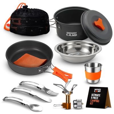 11 Pcs Smokey Camp Backpacking Cooking Set with Stove & Adapter - Pot, Pan, Stove, Cutlery, Compact Camping Cookware Mess Kit for One Person, All in One Non-Stick Camping Cooking Set, Hiking, Picnic
