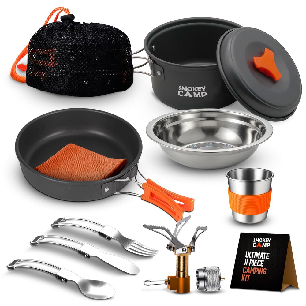 11 Pcs Smokey Camp Backpacking Cooking Set with Stove & Adapter - Pot, Pan, Stove, Cutlery, Compact Camping Cookware Mess Kit for One Person, All in One Non-Stick Camping Cooking Set, Hiking, Picnic