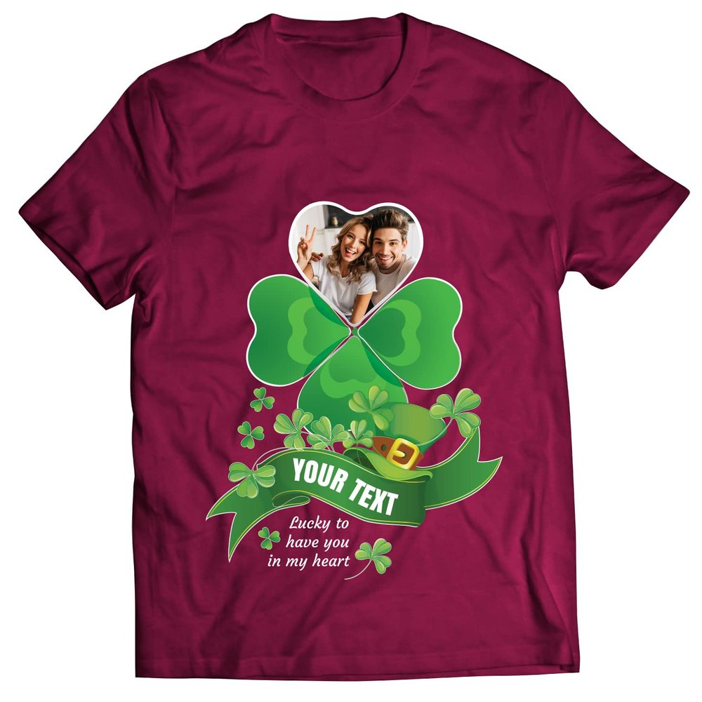 lepni.me Personalized St Patricks Day T-Shirt Custom Saint Paddys Gift Shamrock Photo Patty Present for Irish Friends Family (L Burgundy Multi Color)