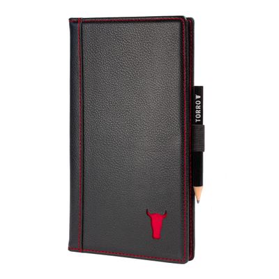 TORRO Large Golf Scorecard Holder  Genuine Leather Pro Golf Score Card Wallet with Card Slot and Pencil (Black with Red Detail)