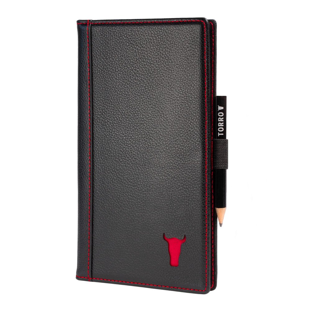 TORRO Large Golf Scorecard Holder  Genuine Leather Pro Golf Score Card Wallet with Card Slot and Pencil (Black with Red Detail)