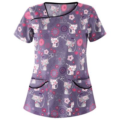 2025 Summer New Cartoon Printed Nursing Scrubs Shirts for Women Frenchie Plus Size Womens Scrub 4x-5x Stretch Cute Prints Scrub Tops with Designs