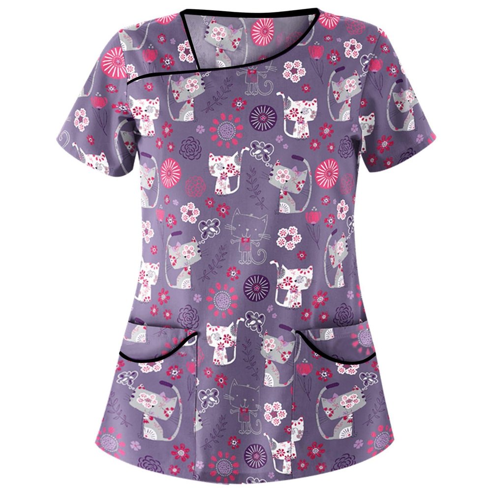 2025 Summer New Cartoon Printed Nursing Scrubs Shirts for Women Frenchie Plus Size Womens Scrub 4x-5x Stretch Cute Prints Scrub Tops with Designs