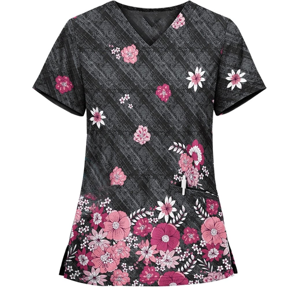 2025 Summer New Cartoon Printed Nursing Scrubs Shirts for Women Frenchie Plus Size Womens Scrub 4x-5x Stretch Cute Prints Scrub Tops with Designs