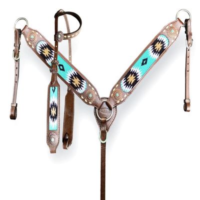 Showman Headstall & Breast Collar Set with Teal Wool Southwest Blanket Inlay