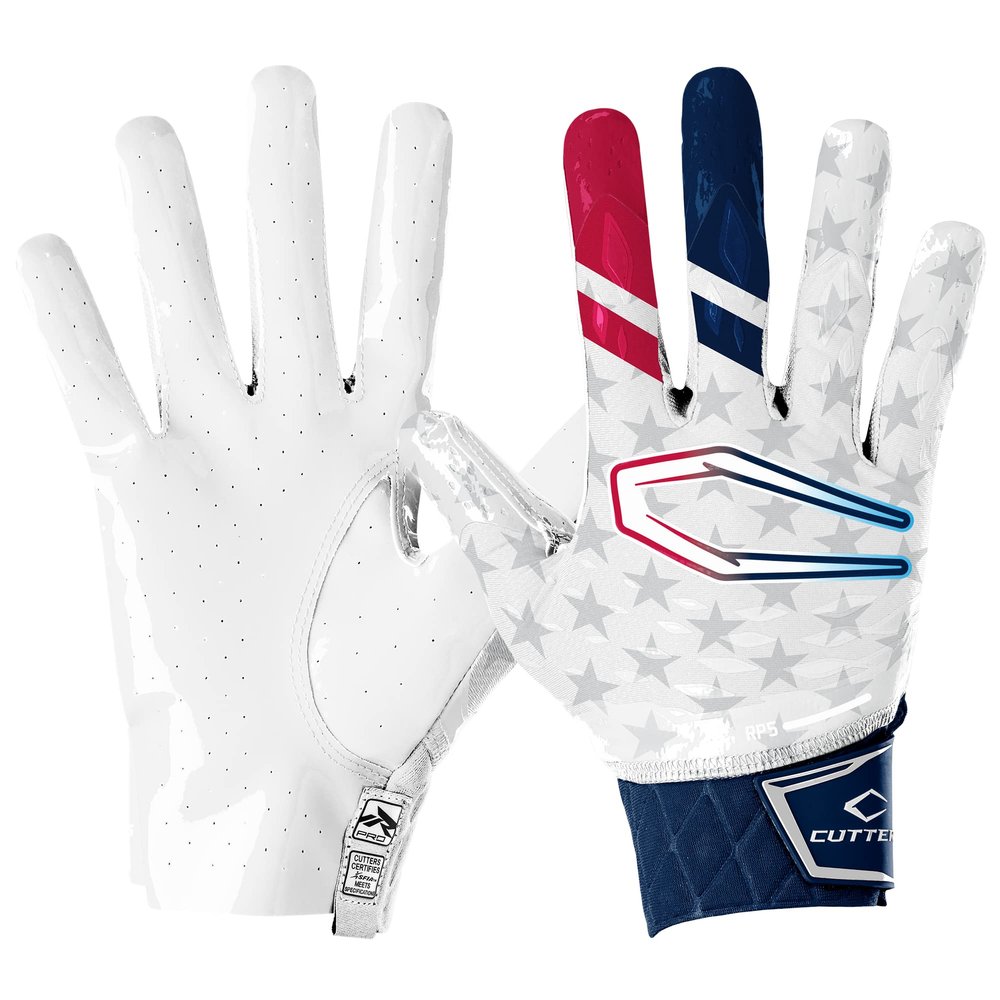 Cutters Limited Edition Football Gloves - Rev Pro 5.0 - Ultra Grip No Slip Wide Receiver (1 Pair) (Stars & Stripes, Large)
