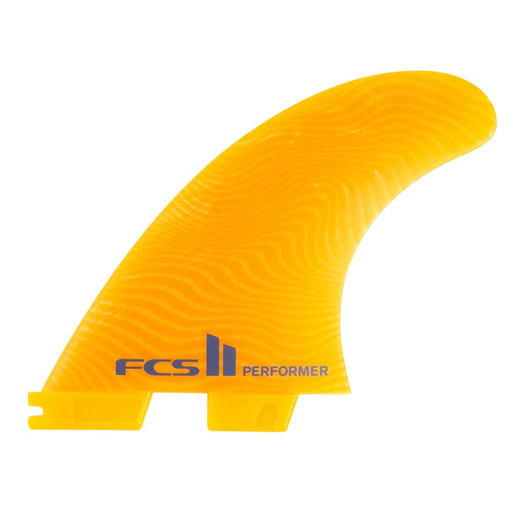 FCS II Performer Neo Glass Eco Tri Fins - Mango Colorway -Thruster Surfboard Fin Set for All-Round Performance (Large)