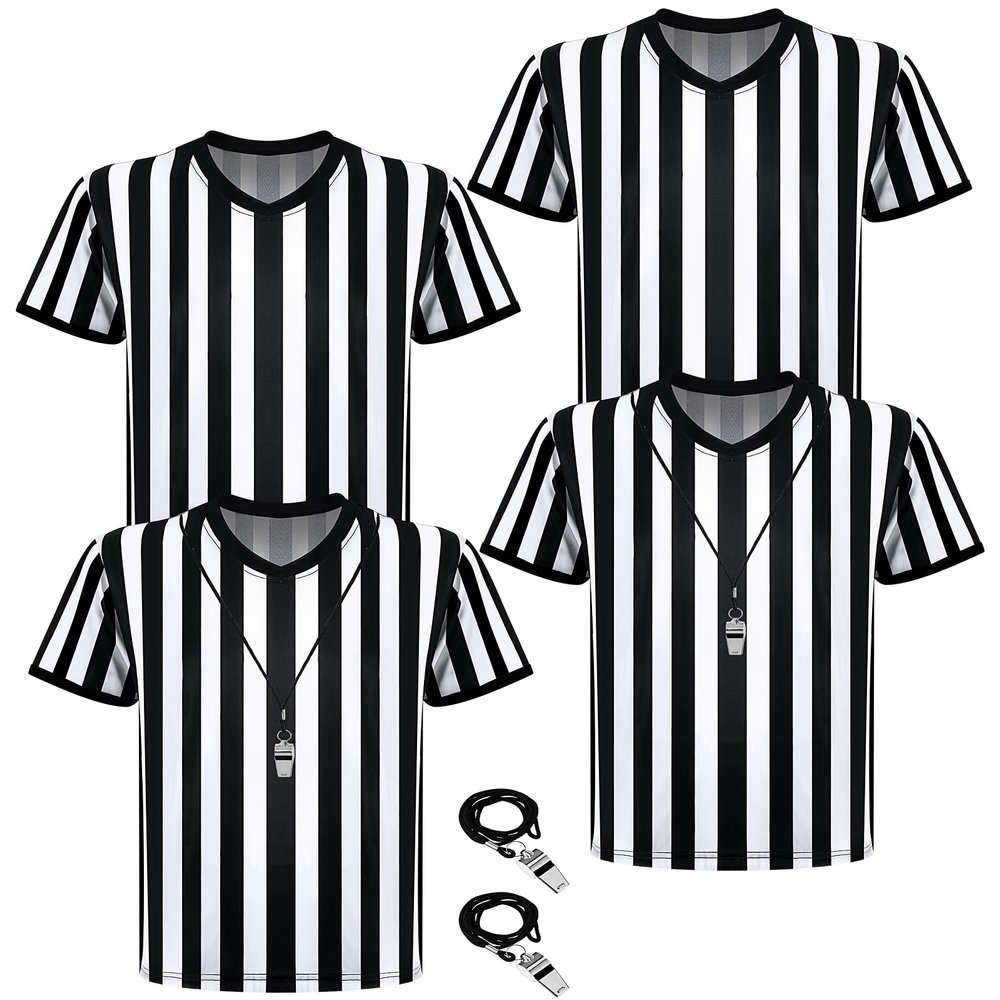 Sintege 4 Sets White and Black Soccer Referee Stripe Shirt with Whistle Official Referee Costume Shirt Football Umpire Jersey Halloween Costume for Adult(Adults Medium)