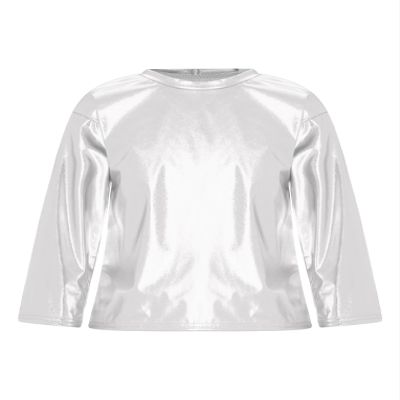 Hansber Kids Girls Boys Metallic Shiny T-Shirt Solid Long Sleeve Tees Dance Performance Tops Party Wear Metallic,Silver 7-8