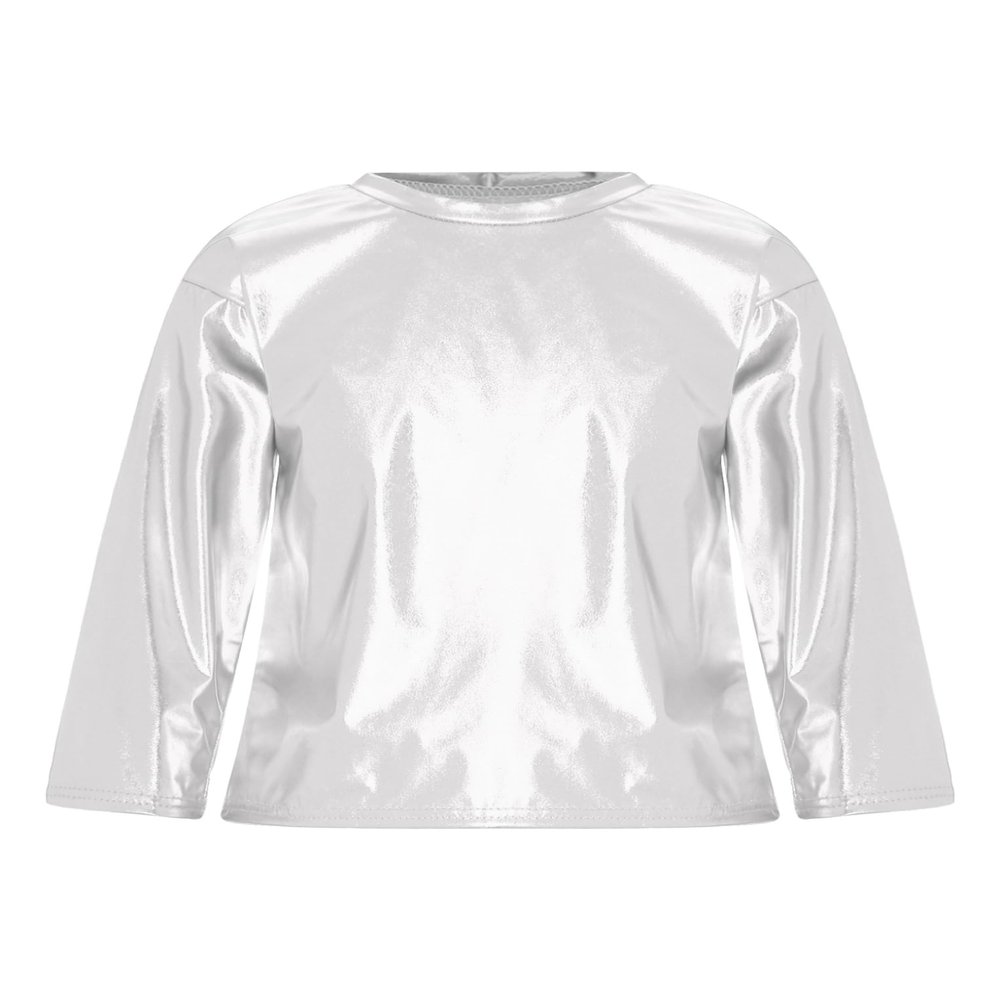 Hansber Kids Girls Boys Metallic Shiny T-Shirt Solid Long Sleeve Tees Dance Performance Tops Party Wear Metallic,Silver 7-8