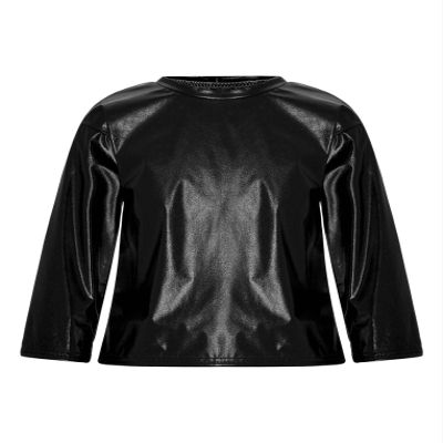 Hansber Kids Girls Boys Metallic Shiny T-Shirt Solid Long Sleeve Tees Dance Performance Tops Party Wear Metallic,Black 11-12
